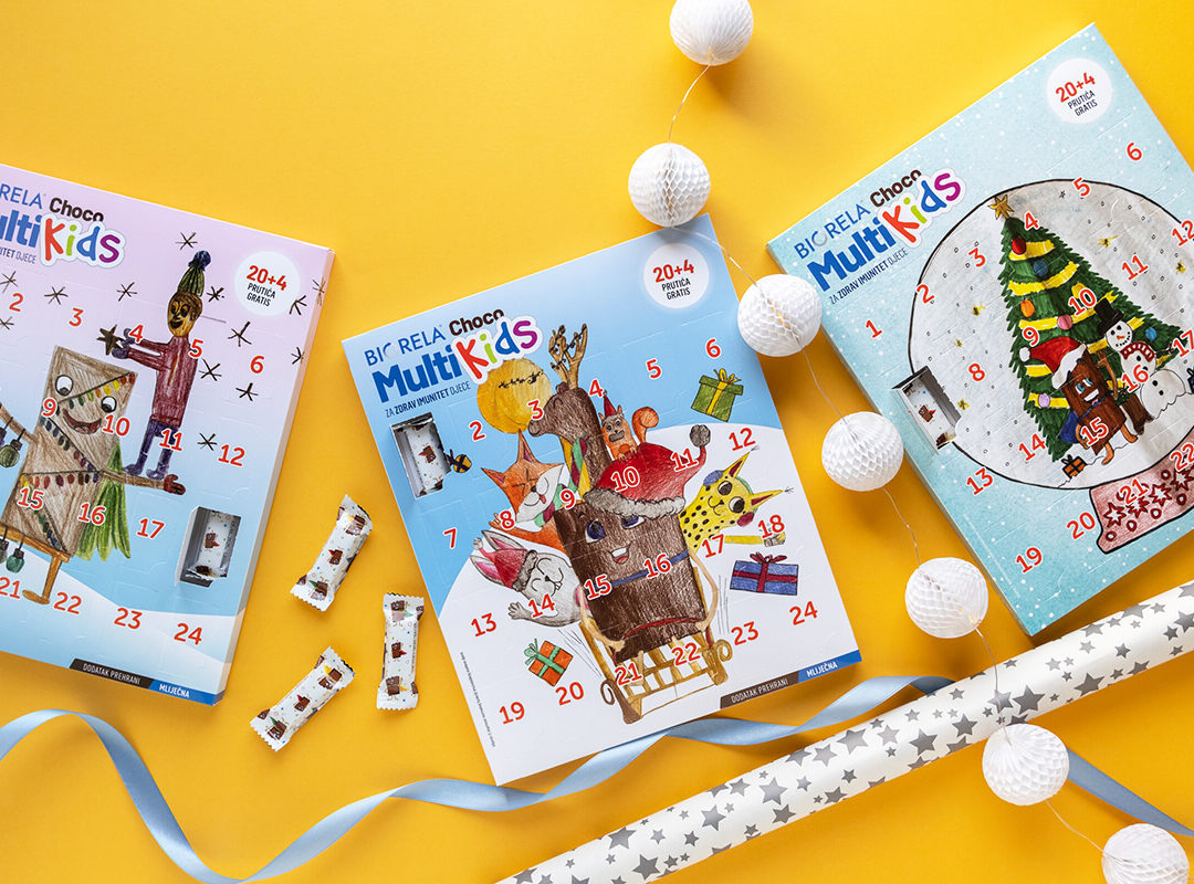 Biorela<sup>®</sup> Choco Multi Kids 20+4 prutića gratis u neodoljivom adventskom pakiranju